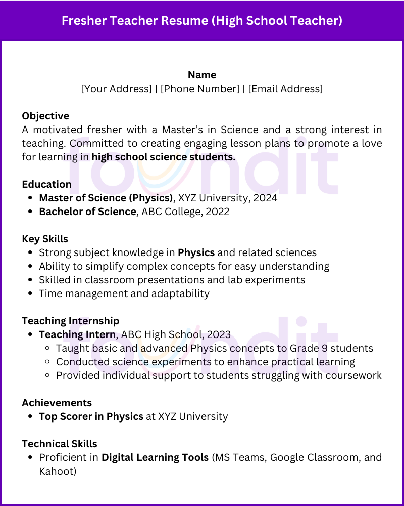 Sample fresher teacher resume for high school teacher